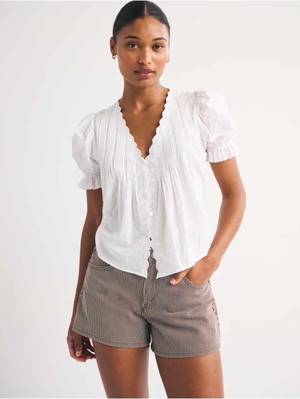 Abercrombie and Fitch Curve Love Mid Rise A-Line Denim Short, Brown Stripe